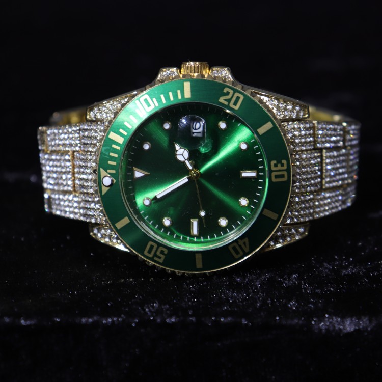Iced Submariner Case Watch (Green-Gold)